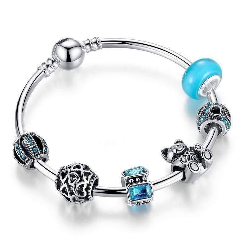 Feshionn IOBI bracelets Aqua ON SALE - Beary Cute Aqua Crystal & Hearts Silver Bangle Bracelet