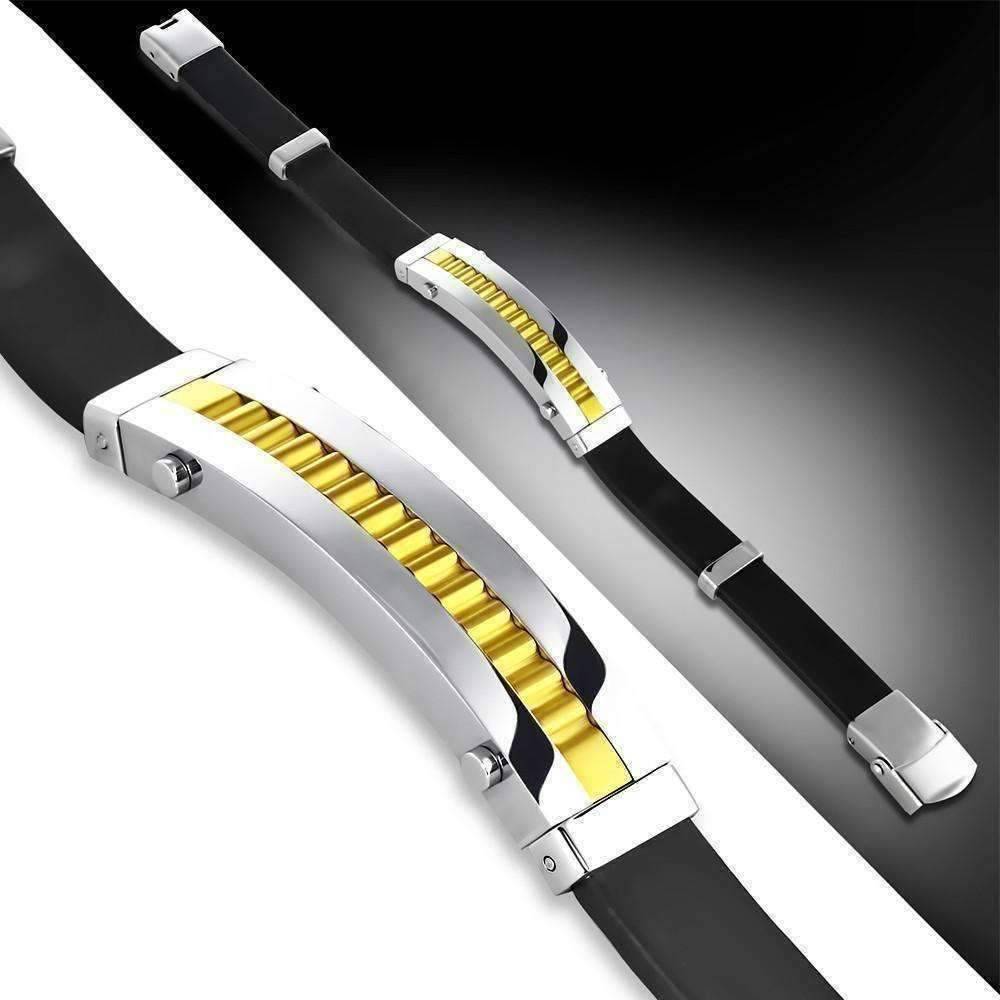 Feshionn IOBI bracelets Black Black And Stainless Steel Two Tone Ridged Bar Geometric Textured Bracelet For Men