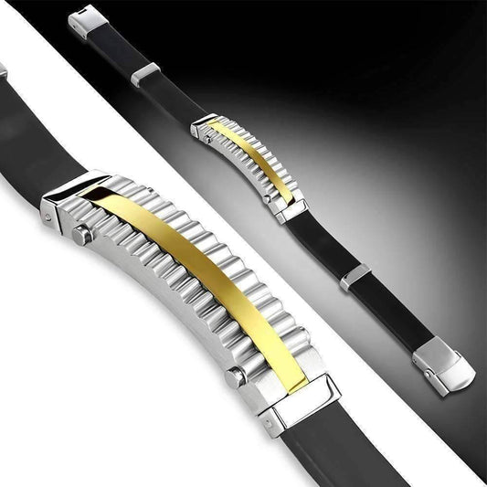 Feshionn IOBI bracelets Black Black And Stainless Steel Two Tone Smooth Bar Geometric Textured Bracelet For Men