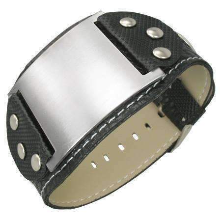 Feshionn IOBI bracelets Black Rocker Black Leather Cuff Engravable Stainless Steel Bracelet