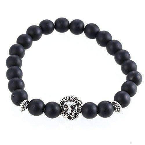 Feshionn IOBI bracelets Black/Silver Lion Head Genuine Agate Gemstone Bead Bracelet