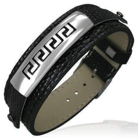 Feshionn IOBI bracelets Black Tribal Black Leather and Stainless Steel Men's Cuff Bracelet
