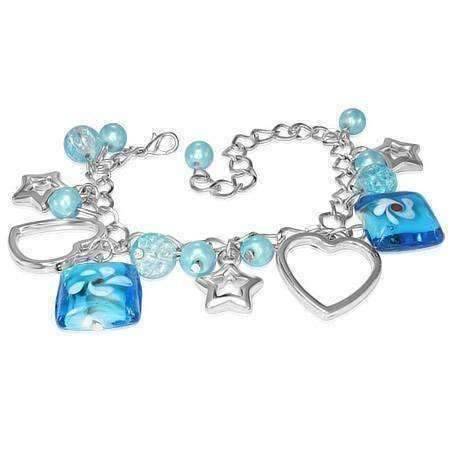 Feshionn IOBI bracelets Blue Starstruck Lamp Work Glass Bead Heart Charm Bracelet ~ Two Colors to Choose