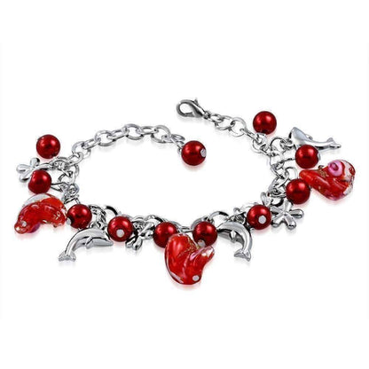 Feshionn IOBI bracelets Coral Red Sea Glass Dolphin Charm and Bead Bracelet ~ Three Colors to Choose