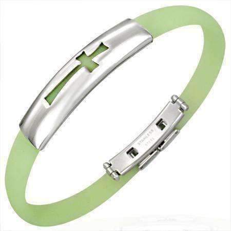 Feshionn IOBI bracelets Cross Lime Green Silicone Bracelet with Stainless Steel Cut Out Designs ~ Choose Your Design