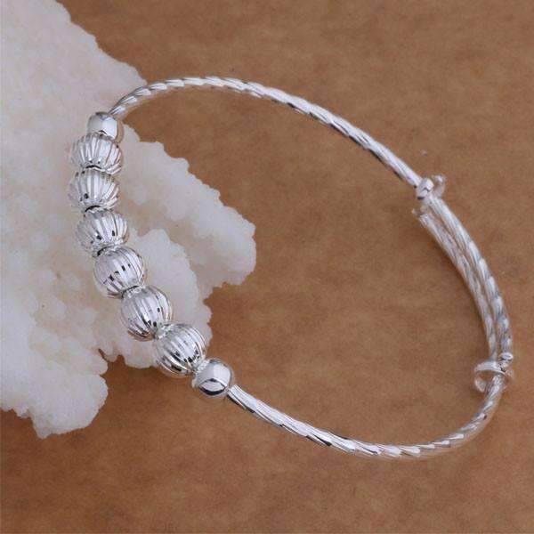 Feshionn IOBI bracelets Diamond Cut Beaded Adjustable Sterling Silver Bangle Bracelet