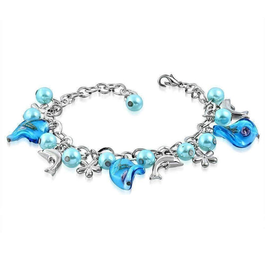 Feshionn IOBI bracelets Dolphin Blue Sea Glass Dolphin Charm and Bead Bracelet ~ Three Colors to Choose