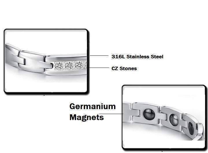 Feshionn IOBI bracelets Elegant CZ Accented Stainless Steel Germanium Magnetic Link Therapy Bracelet