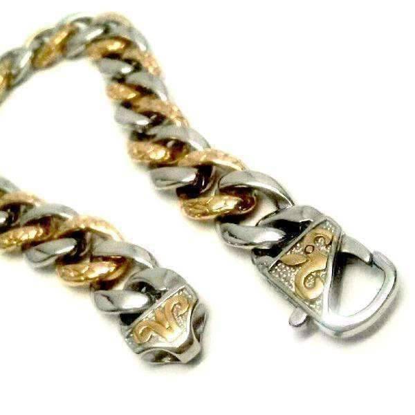 Feshionn IOBI bracelets Fleur De Lis Cuban Curb Link 18k Gold Plated Stainless Steel Men's Bracelet