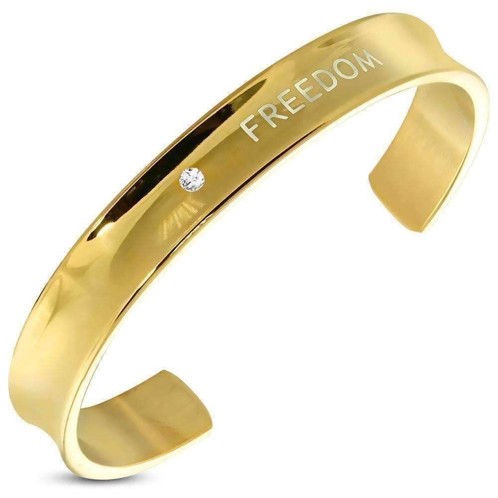 Feshionn IOBI bracelets Gold "Freedom" Engraved Inspirational Bangle Bracelet Gold Plated Stainless Steel with CZ Solitaire
