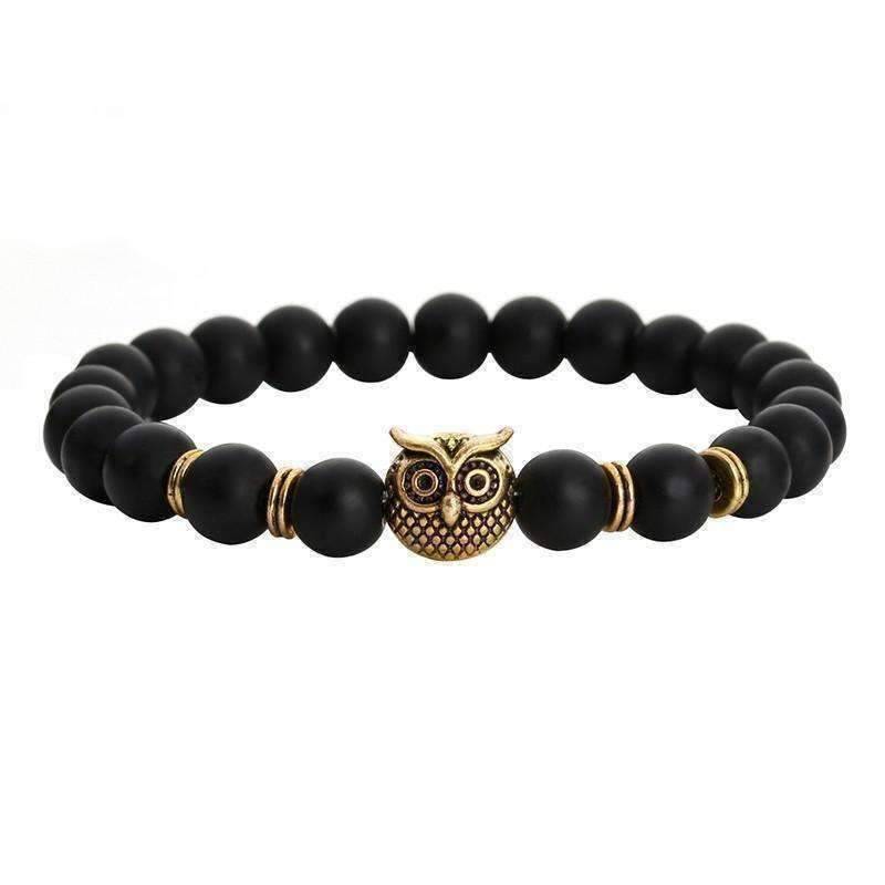 Feshionn IOBI bracelets Gold Tone ON SALE - Owl Genuine Black Agate Gemstone Bead Bracelet