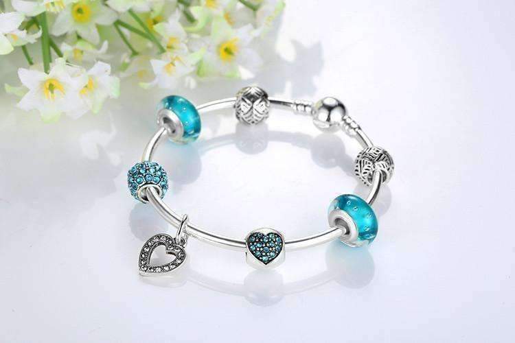 Feshionn IOBI bracelets Inspiration Aqua Glass & Crystal Hearts Silver Bangle Bracelet