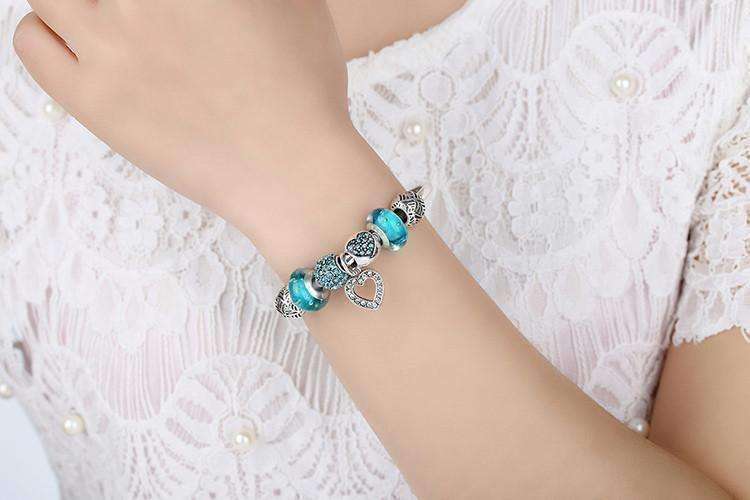 Feshionn IOBI bracelets Inspiration Aqua Glass & Crystal Hearts Silver Bangle Bracelet