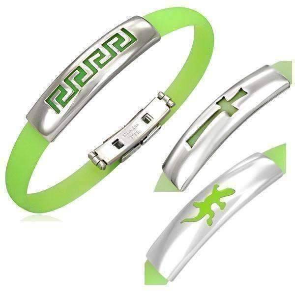 Feshionn IOBI bracelets Lime Green Silicone Bracelet with Stainless Steel Cut Out Designs ~ Choose Your Design
