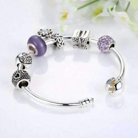 Feshionn IOBI bracelets "Meadow" Purple Butterfly & Hearts Silver Bangle Bracelet