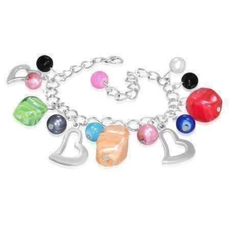 Feshionn IOBI bracelets Multi Razzle Dazzle Glass Bead & Silver Heart Charm Bracelet