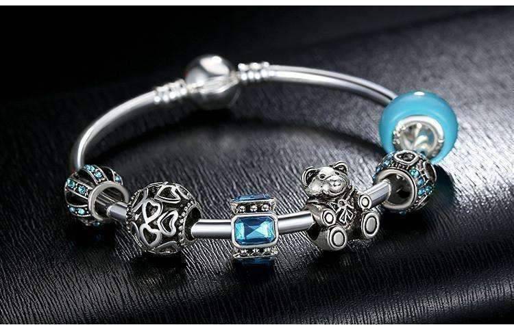 Feshionn IOBI bracelets ON SALE - Beary Cute Aqua Crystal & Hearts Silver Bangle Bracelet