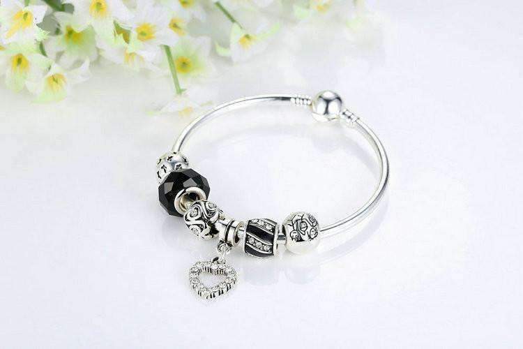 Feshionn IOBI bracelets ON SALE - Love & Family Black Glass Silver Bangle Bracelet