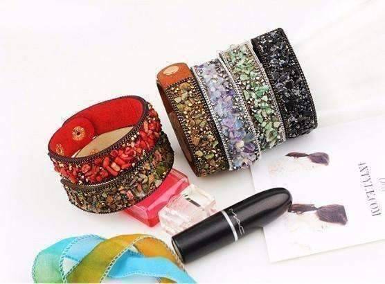 Feshionn IOBI bracelets ON SALE - Treasure Gemstone Encrusted Sueded Leather Wrap Bracelet ~ Six Earthy Colors