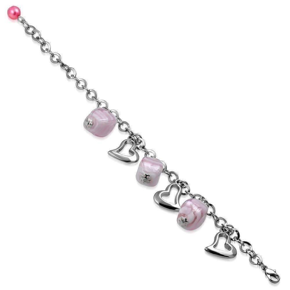 Feshionn IOBI bracelets Pink Sugar Swirl Glass Bead and Hearts Charm Bracelet in Silver