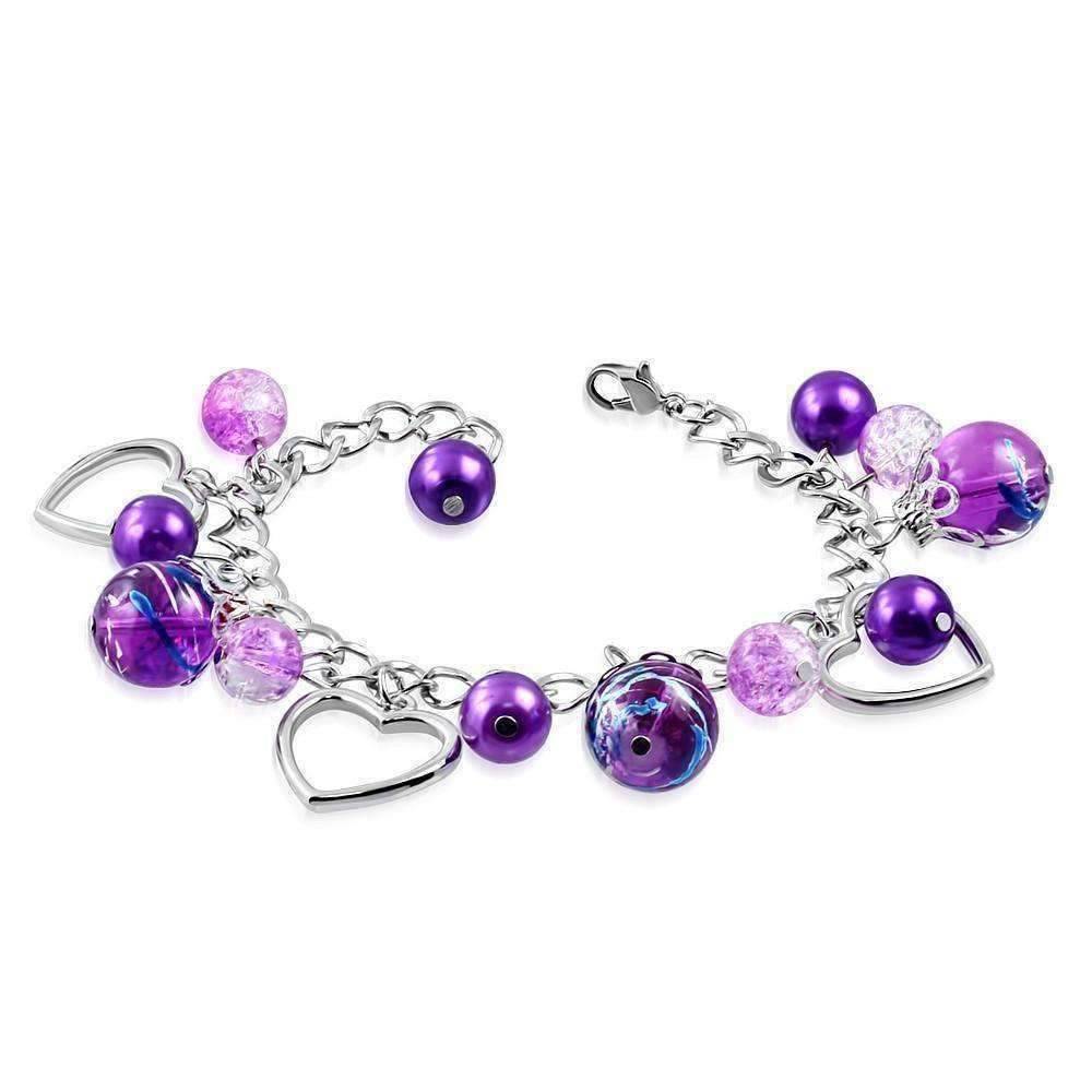 Feshionn IOBI bracelets Purple Artistic Purple Glass Bead & Silver Heart Charm Bracelet