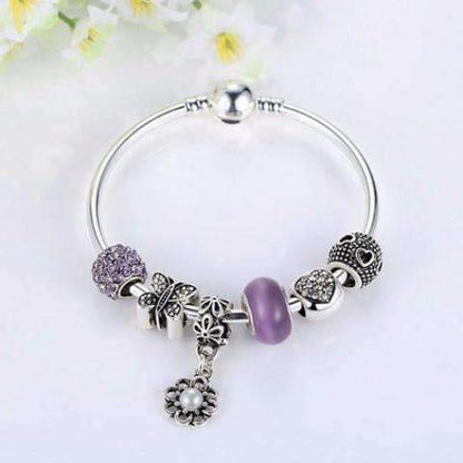 Feshionn IOBI bracelets Purple "Meadow" Purple Butterfly & Hearts Silver Bangle Bracelet