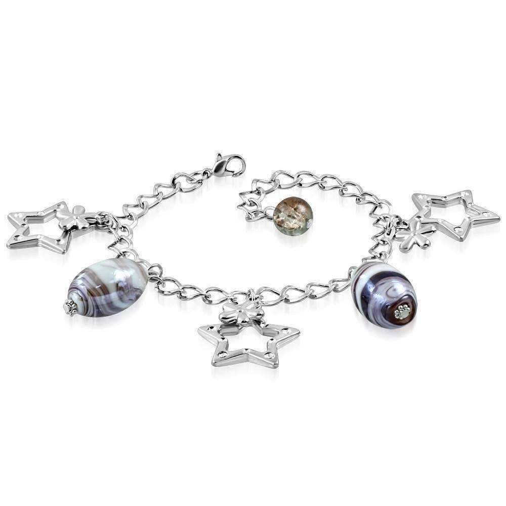 Feshionn IOBI bracelets Purple Purple Swirl Glass Bead and Stars Charm Bracelet in Silver