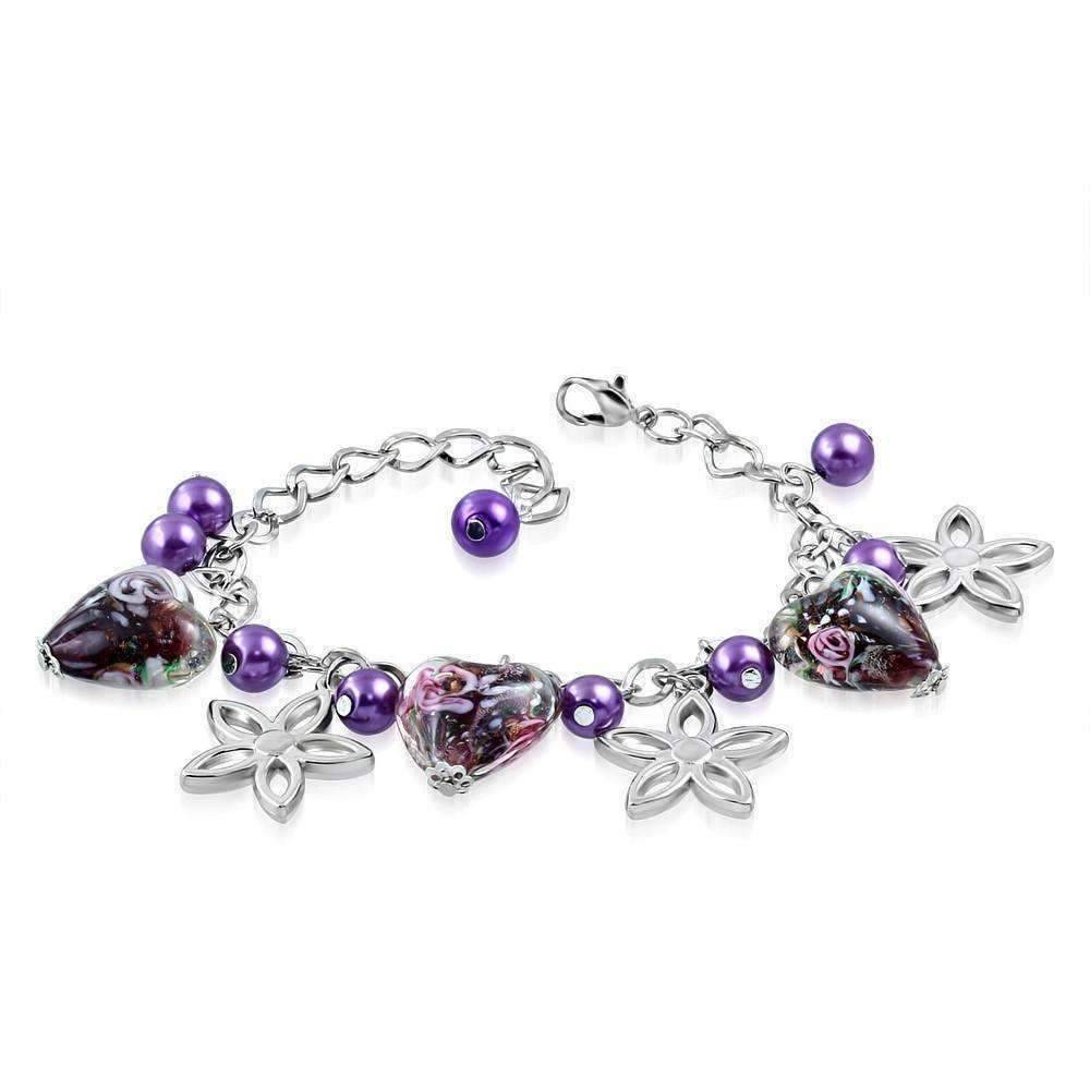 Feshionn IOBI bracelets Purple Vines Purple Glass Bead & Silver Flower Charm Bracelet