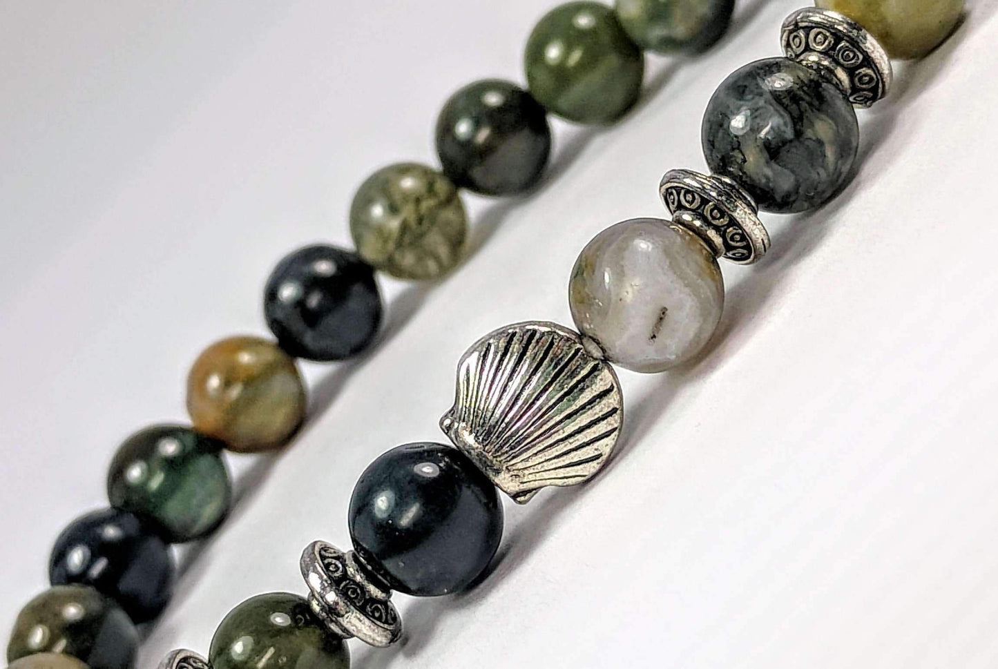 Feshionn IOBI bracelets Seashell And Moss Green Genuine Agate Gemstone Bead Bracelet