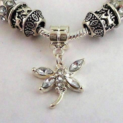 Feshionn IOBI bracelets Silver Crystal Dragonfly with Multifaceted Beads European Style 925 Silver Charm Bracelet