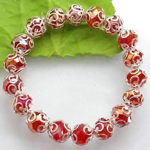 Feshionn IOBI bracelets Silver Lace with Red Crystal Bead Stretchy Bracelet