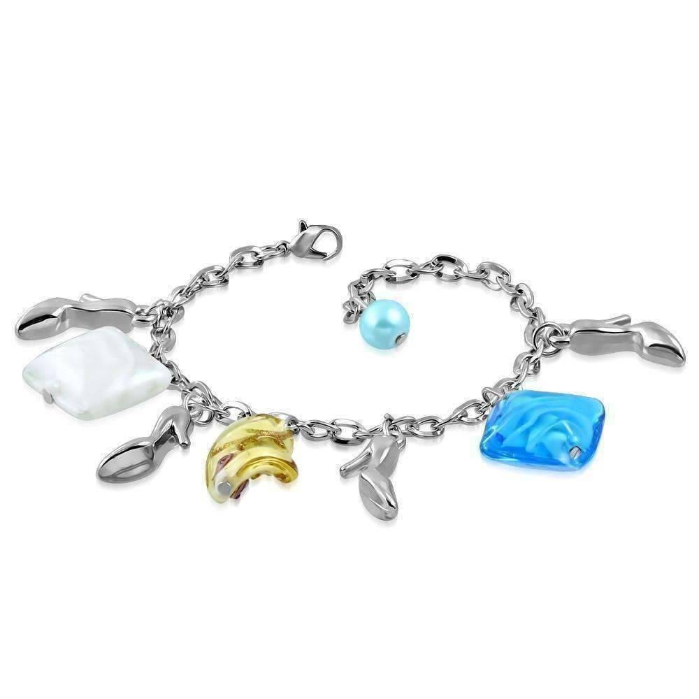 Feshionn IOBI bracelets Silver Multi Swirl Glass Bead and Shoes Charm Bracelet in Silver