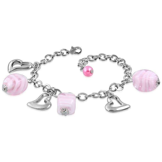 Feshionn IOBI bracelets Silver Pink Sugar Swirl Glass Bead and Hearts Charm Bracelet in Silver