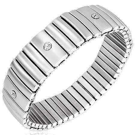 Feshionn IOBI bracelets Stainless Steel Domed Bar Segment Stainless Steel Stretch Link Bracelet with CZ Accents