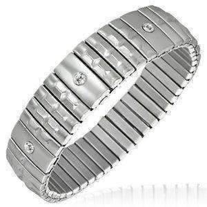 Feshionn IOBI bracelets Stainless Steel Domed Texture Bar Segment Stainless Steel Stretch Link Bracelet with CZ Accents