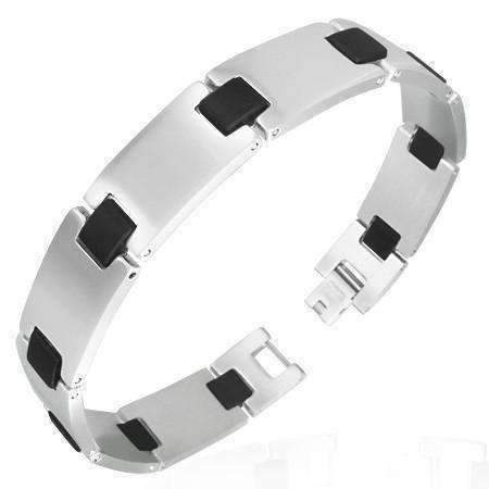 Feshionn IOBI bracelets Stainless Steel Stainless Steel Bars with Black Rubber Links Men's Bracelet