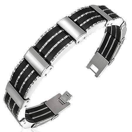 Feshionn IOBI bracelets Stainless Steel Stainless Steel Men's Bracelet with Black Rubber Tracks