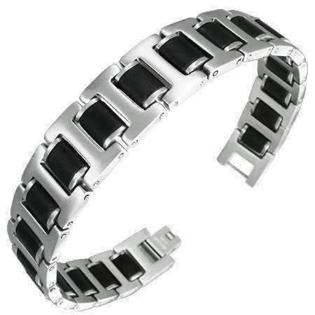 Feshionn IOBI bracelets Stainless Steel Stainless Steel w/ Black Rubber Matte Finish Panther Link Bracelet For Men