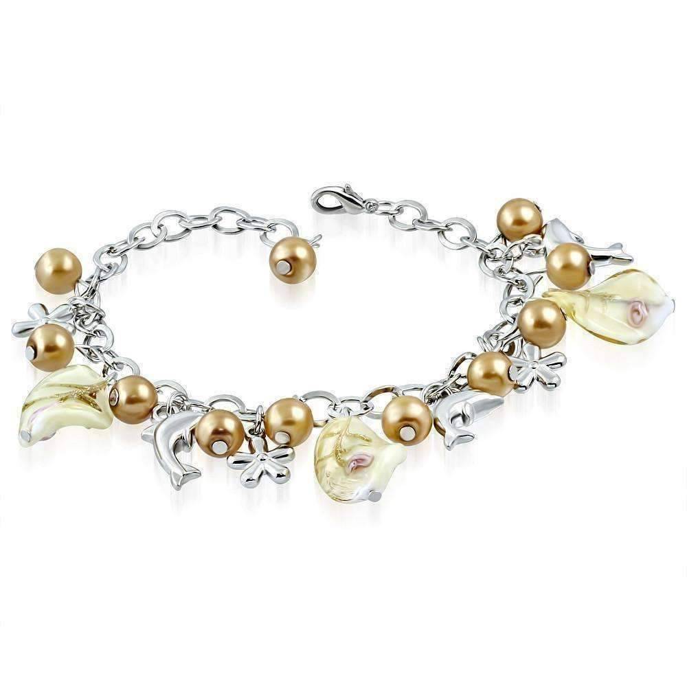 Feshionn IOBI bracelets Treasure Gold Sea Glass Dolphin Charm and Bead Bracelet ~ Three Colors to Choose