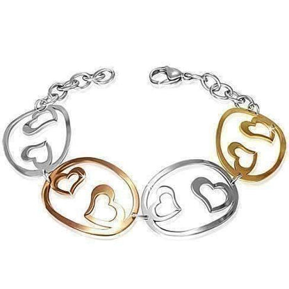 Feshionn IOBI bracelets Tri-Color Tri-Color Hearts Cut Out Medallion Bracelet in Stainless Steel, 18k Yellow and Rose Gold Plating