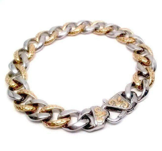 Feshionn IOBI bracelets Two Tone Fleur De Lis Cuban Curb Link 18k Gold Plated Stainless Steel Men's Bracelet