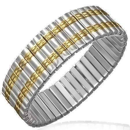 Feshionn IOBI bracelets Two Tone Gold Lined Wide 18K Gold Plated Stainless Steel Stretch Link Bracelet