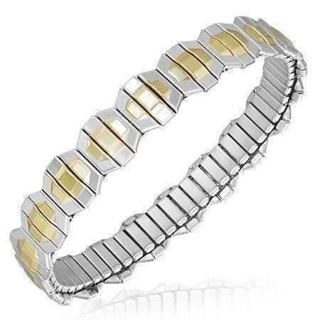 Feshionn IOBI bracelets Two Tone Structured Thin Two Tone 18K Gold Plated Stainless Steel Stretch Link Bracelet
