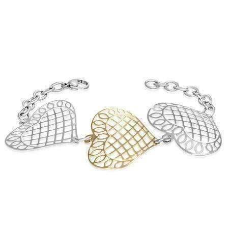 Feshionn IOBI bracelets Two-Tone Waffle-Weave Hearts Two-Tone Stainless Steel and 18k Gold Medallion Bracelet