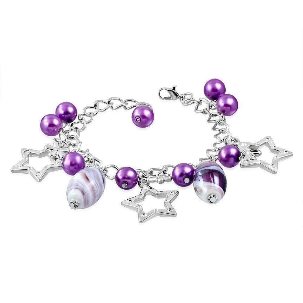 Feshionn IOBI bracelets Violet Star Studded Glass Bead Silver Charm Bracelet ~ Four Fun Colors to Choose!