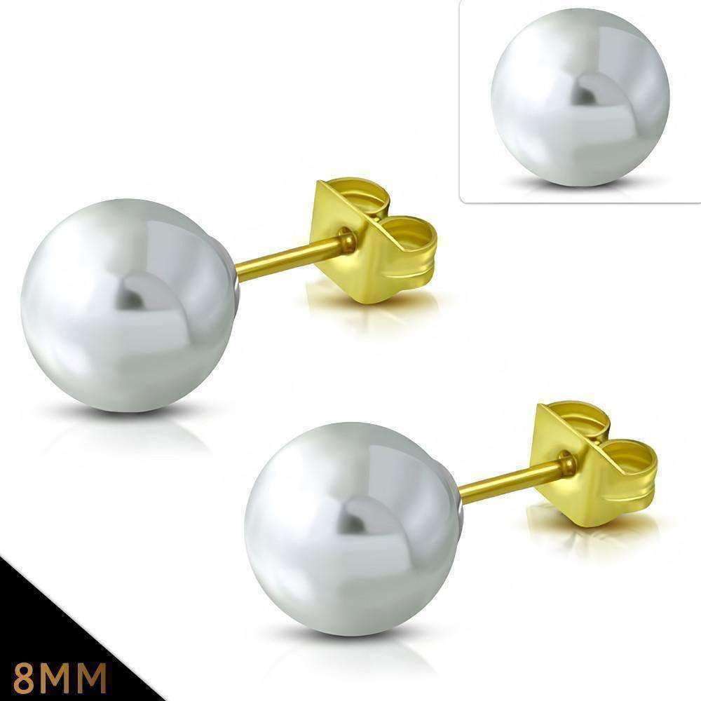 Feshionn IOBI Earrings 8mm / Snowy White ON SALE - Snowy White Pearl Bead Solitaire Stud Earrings 18K Gold Plated Stainless Steel