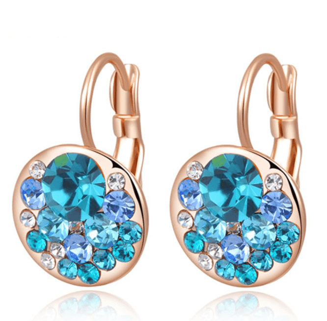 Feshionn IOBI Earrings All Aqua Party Confetti Austrian Crystal Rose Gold Plated Leverback Earrings