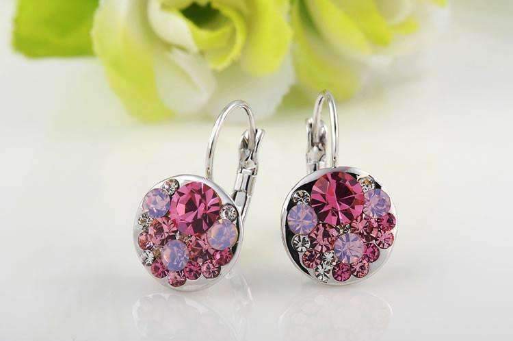 Feshionn IOBI Earrings All Pink Party Confetti Austrian Crystal White Gold Plated Leverback Earrings