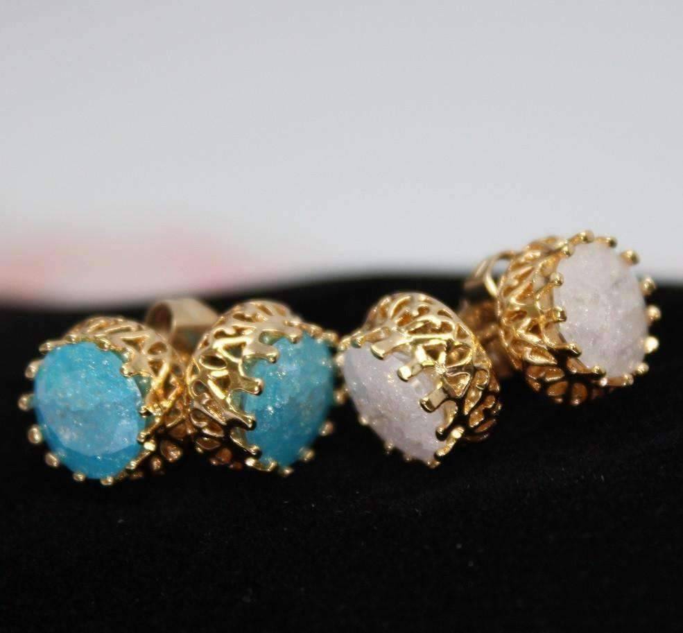 Feshionn IOBI Earrings Aqua Polished Druzy Quartz Gemstone Crown Set Stud Earrings - Your Choice of Color