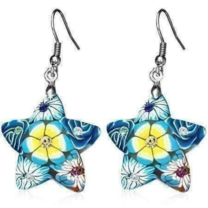 Feshionn IOBI Earrings Aqua Star Handcrafted Floral Cane Work Clay & CZ Earrings ~ Two Lively Colors to Choose From